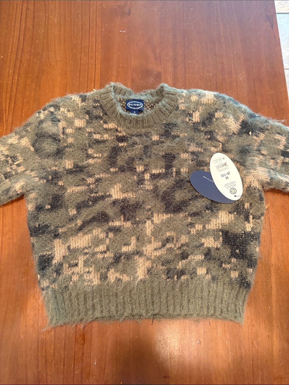 Kids Olive & Beige Camouflage Patterned Fuzzy Crew Sweater